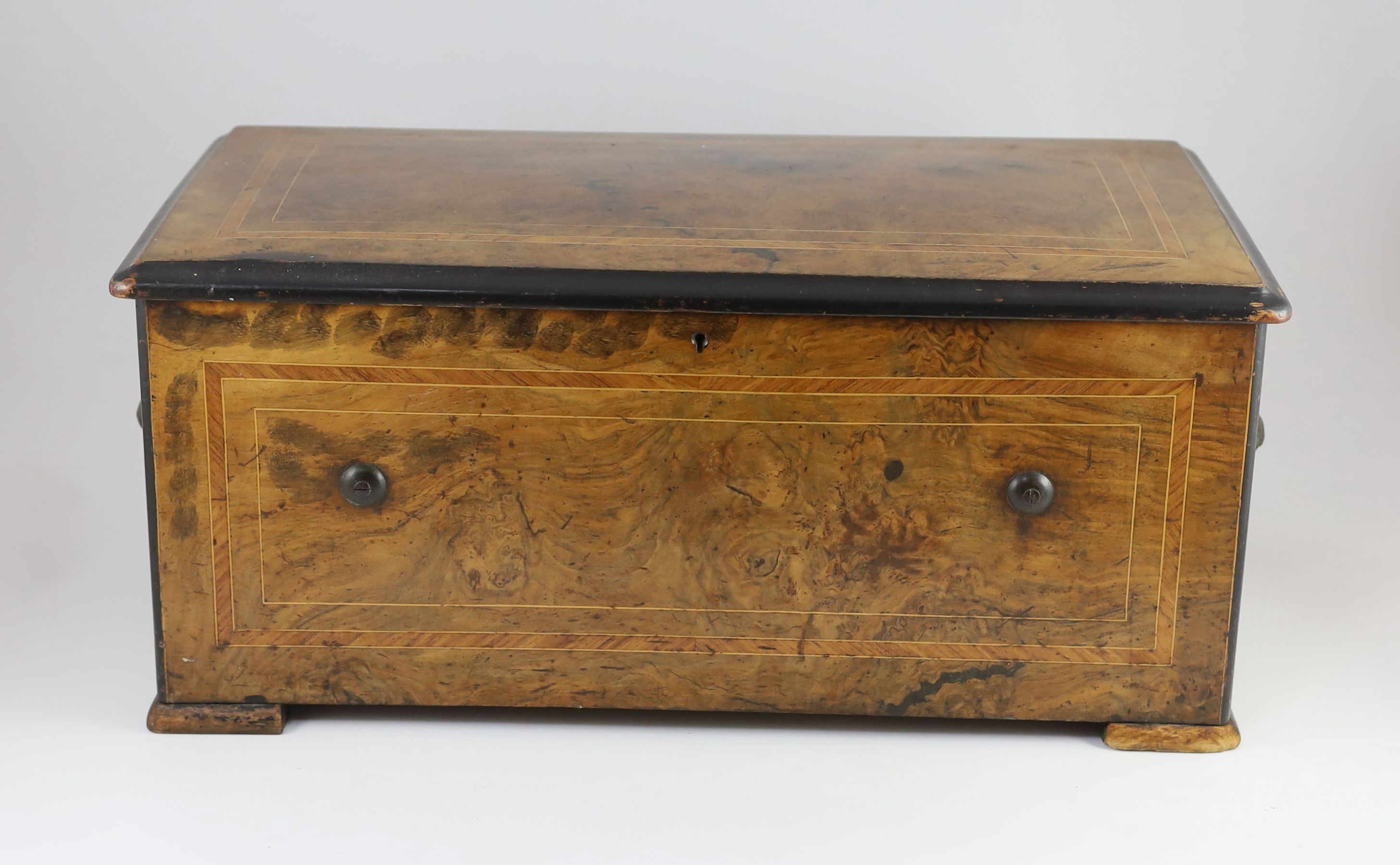 A 19th century Swiss ten air inlaid walnut musical box, width 60cm, depth 31cm, height 26cm